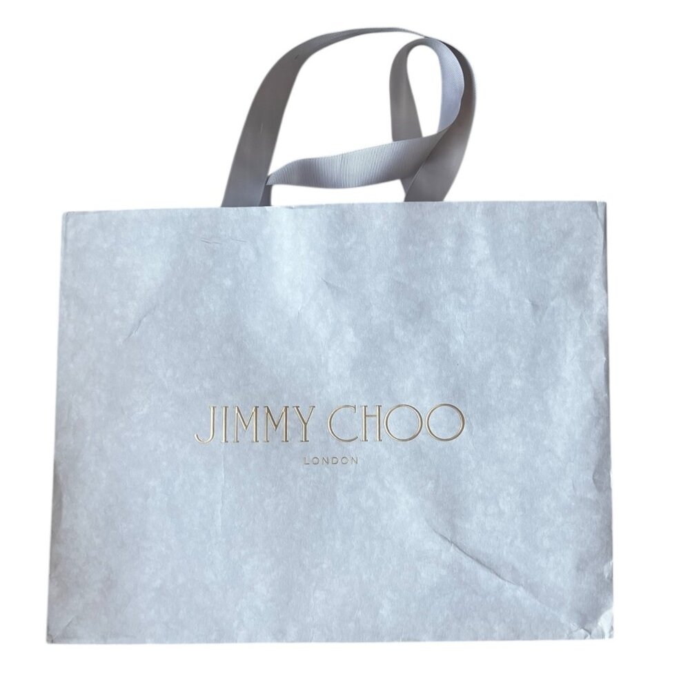 Jimmy Choo Shopping Bag Ribbon Handles Paper with Bottom Card 14x11x4.75  Gray - Picture 2 of 11